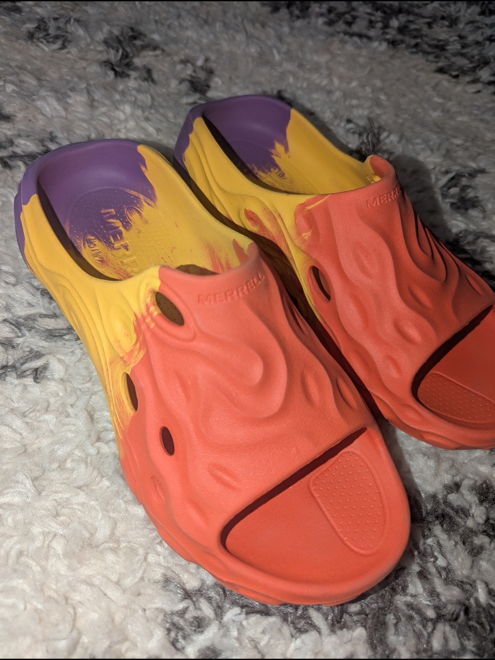 Merrell Colorblock Foam Slide Sandals in Coral, Yellow & Purple